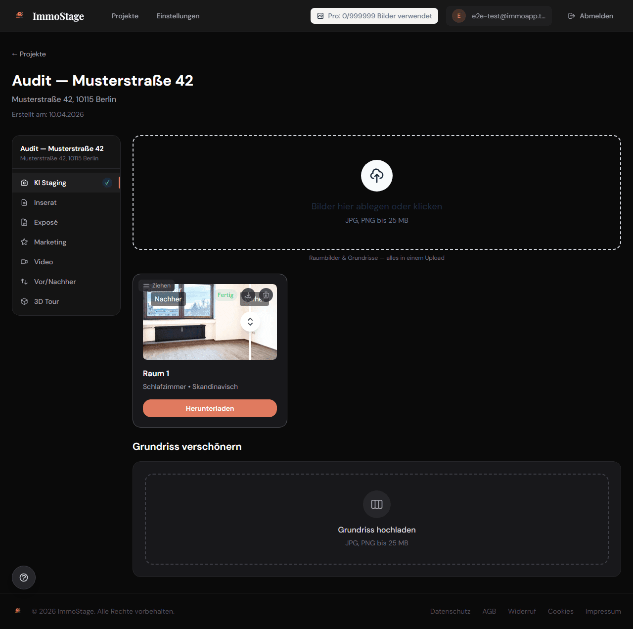 ImmoStage Vorher/Nachher — Leerer Raum virtuell möbliert mit Fertig-Badge