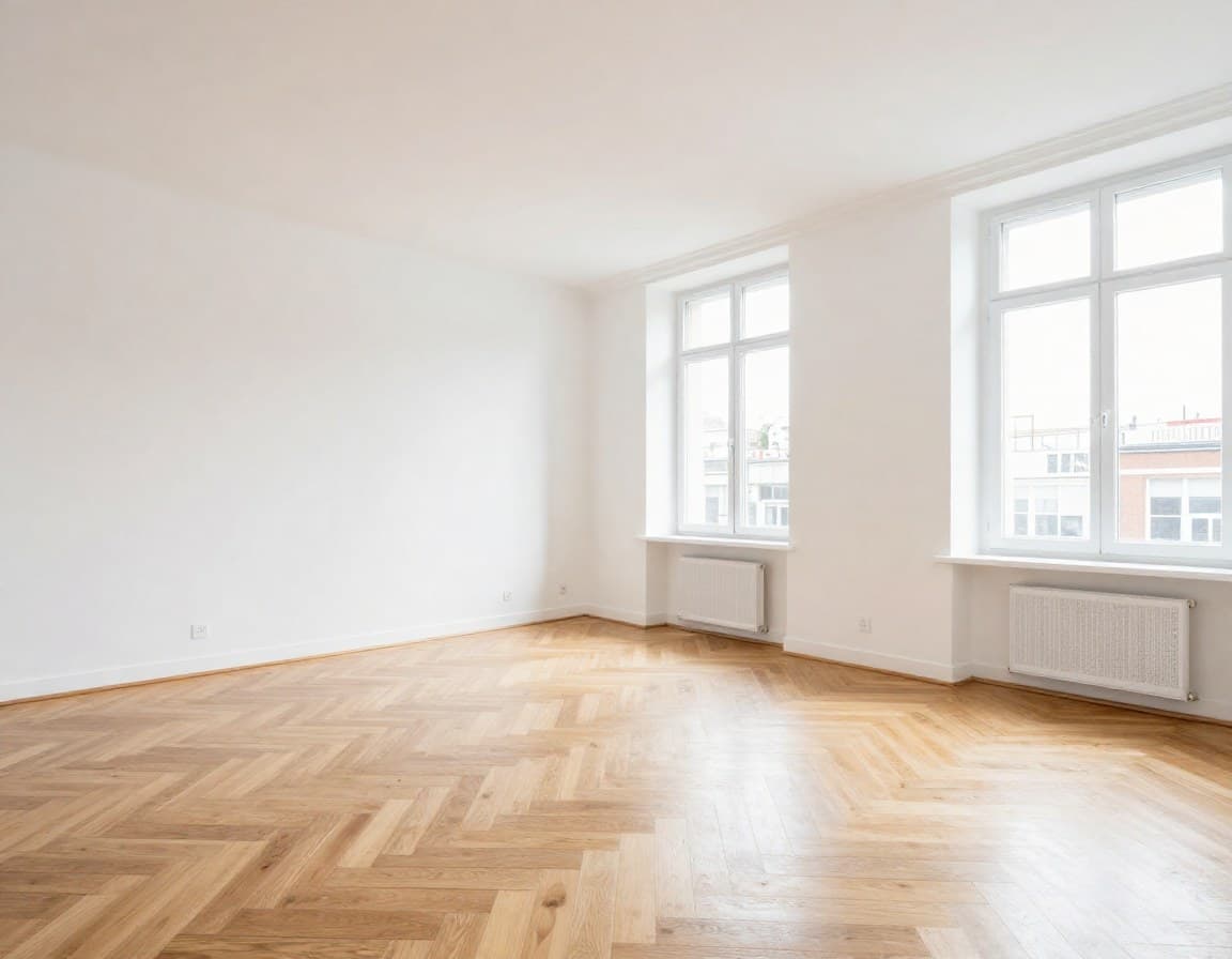 AI Interior Design — leeres Wohnzimmer in europäischer Stadtwohnung vor dem KI-Staging