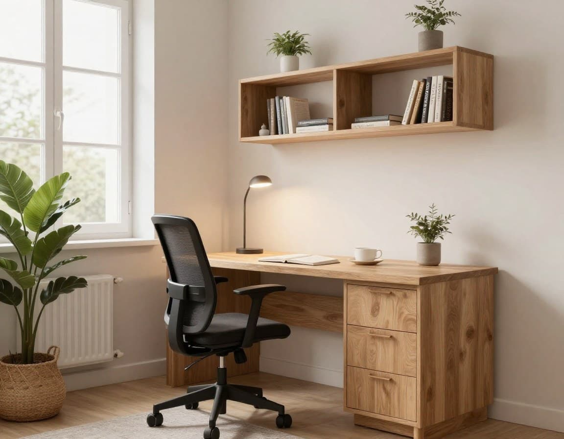 Virtuell eingerichtetes Home-Office in einer deutschen Wohnung — KI-Staging Alternative zu HomeStagingKI