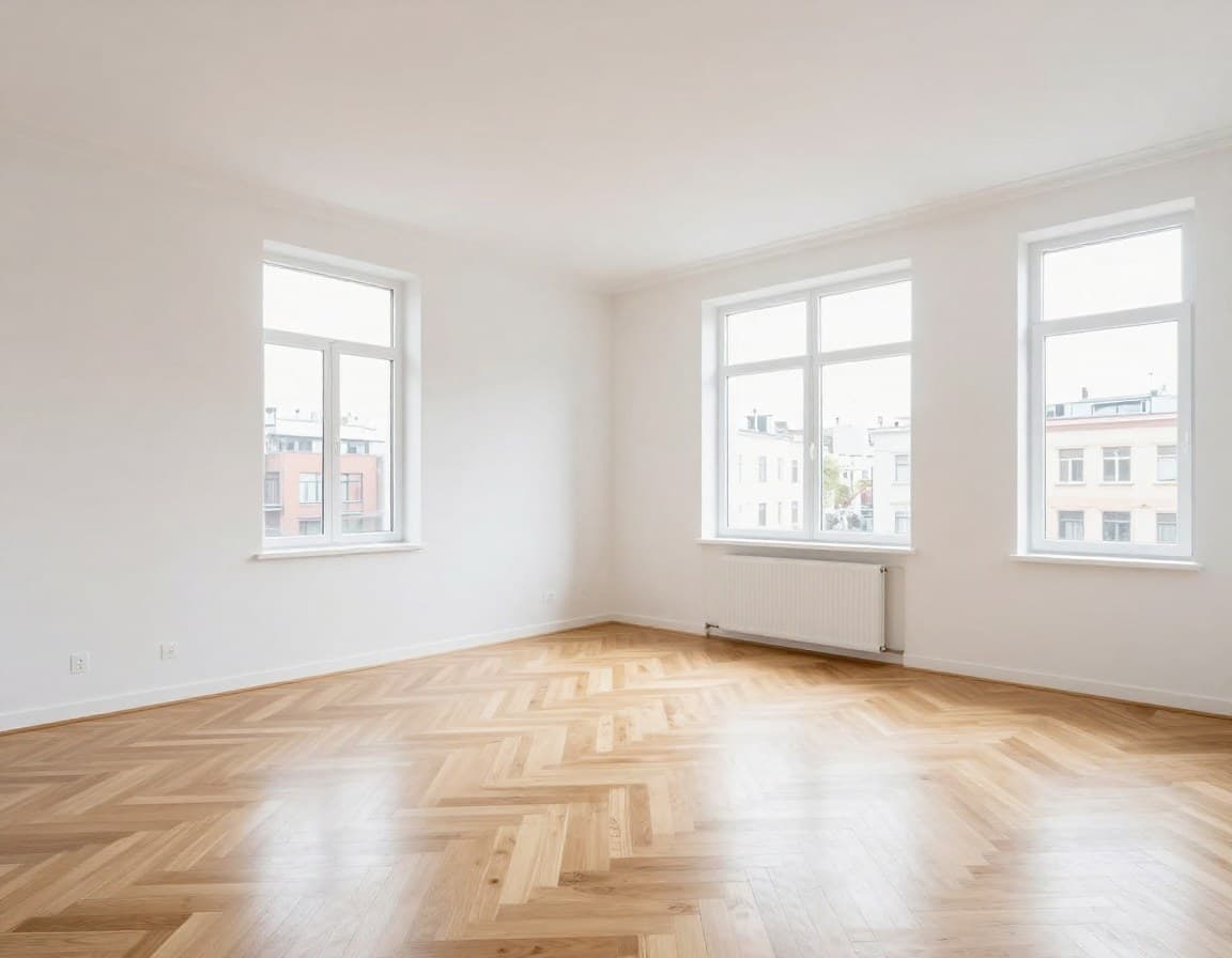 Leeres Wohnzimmer in einer deutschen Stadtwohnung — Ausgangspunkt für virtuelles Staging mit HomeStagingKI oder ImmoStage