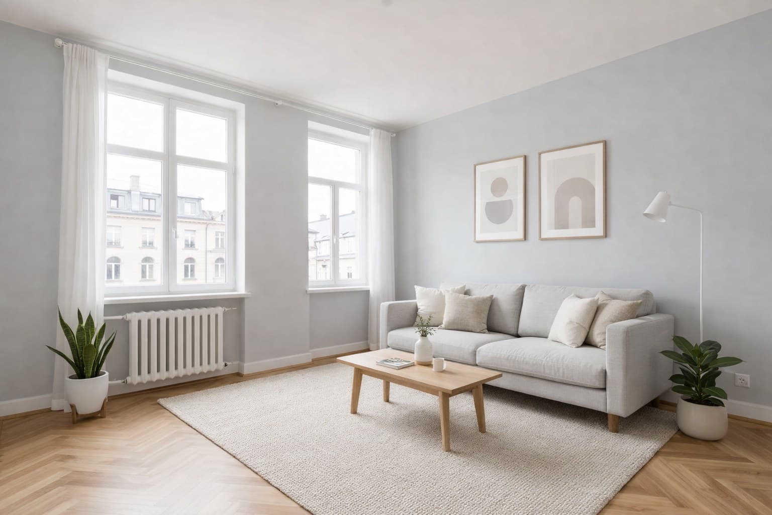 Virtuell eingerichtetes Wohnzimmer nach dem Staging mit ImmoStage — DACH-Alternative zu HomeStagingKI