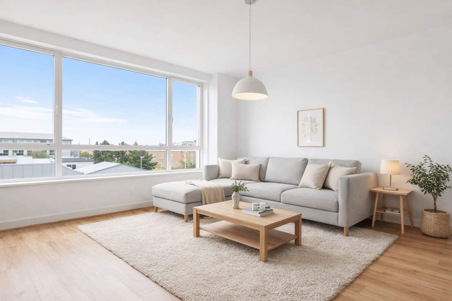 Virtuell eingerichtetes Wohnzimmer nach dem Staging mit ImmoStage — DSGVO-konforme Alternative