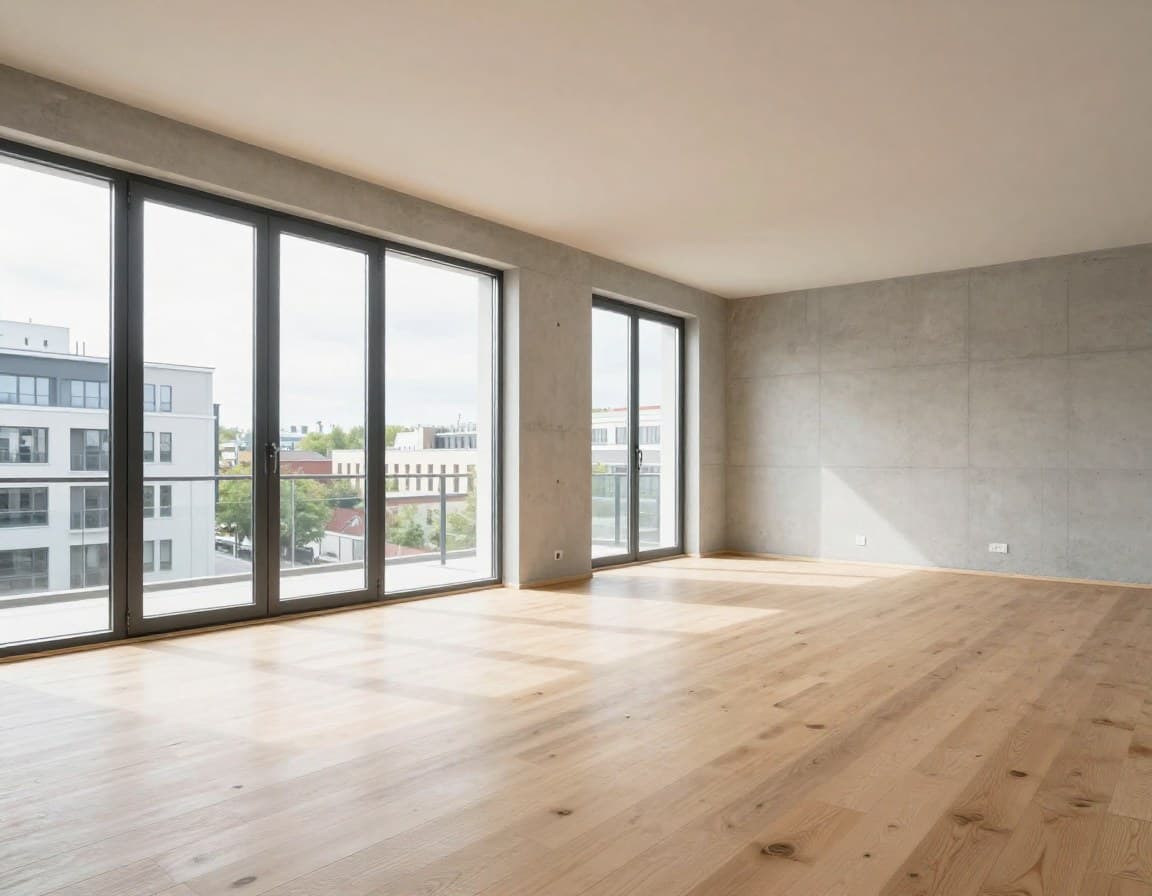 Architekturvisualisierung Neubau: leerer Rohbau-Raum in deutscher Neubauwohnung vor der KI-Visualisierung