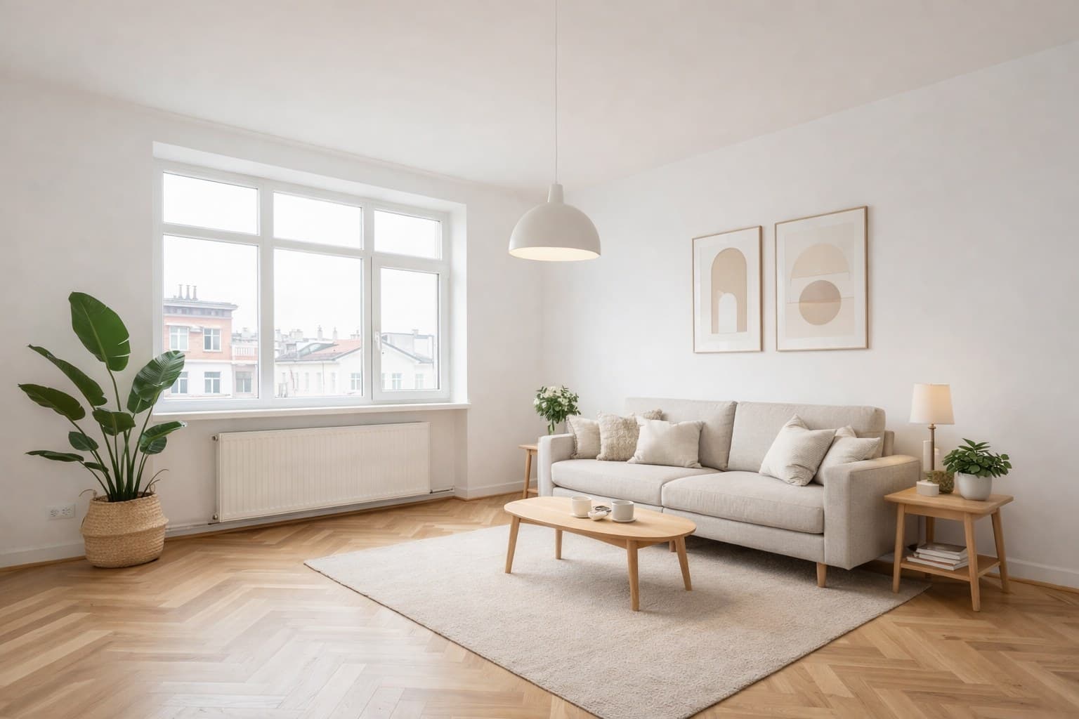 Architekturvisualisierung nachher: KI-möbliertes Wohnzimmer im skandinavischen Stil