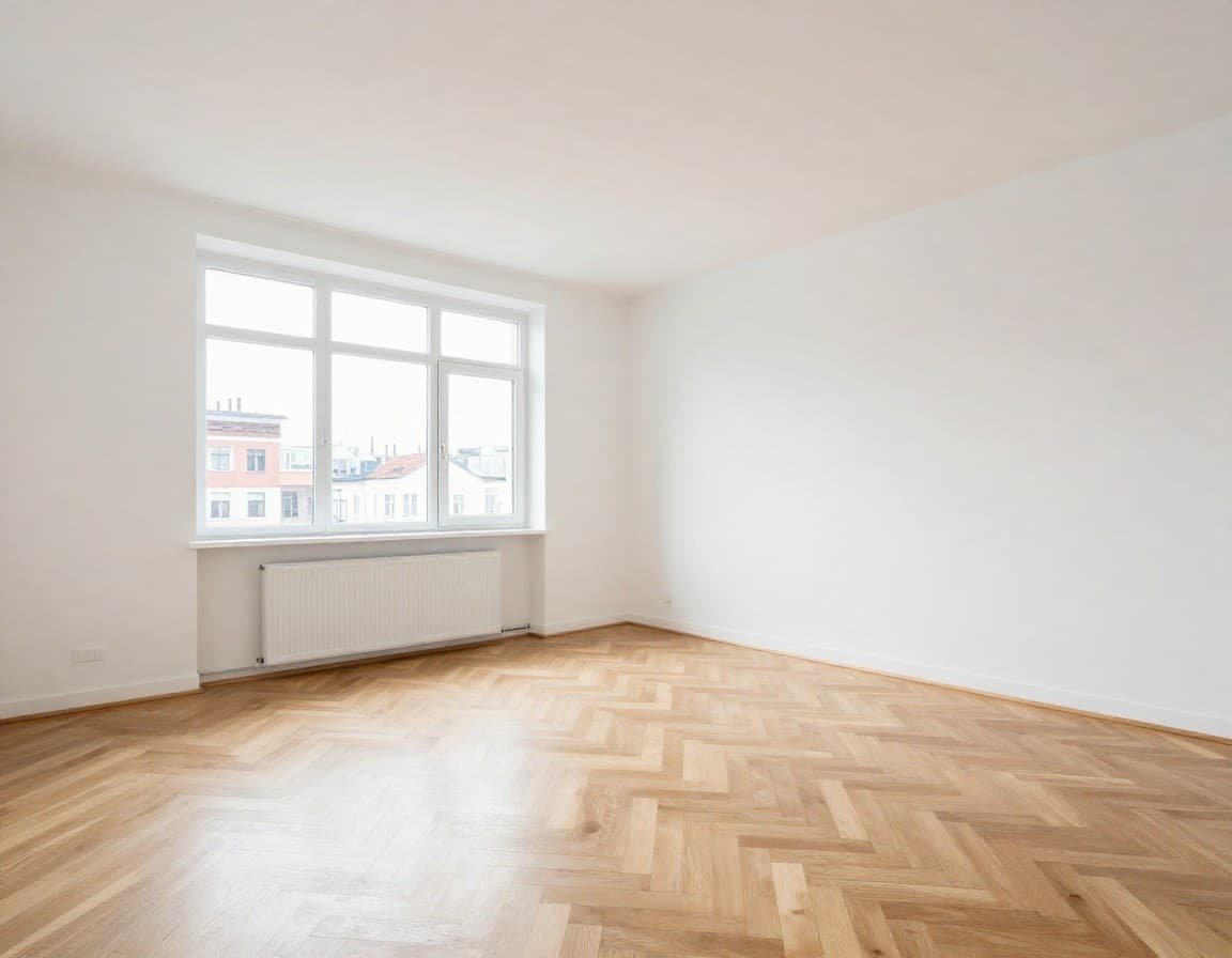 Architekturvisualisierung vorher: leerer Raum in deutscher Neubauwohnung ohne Möbel