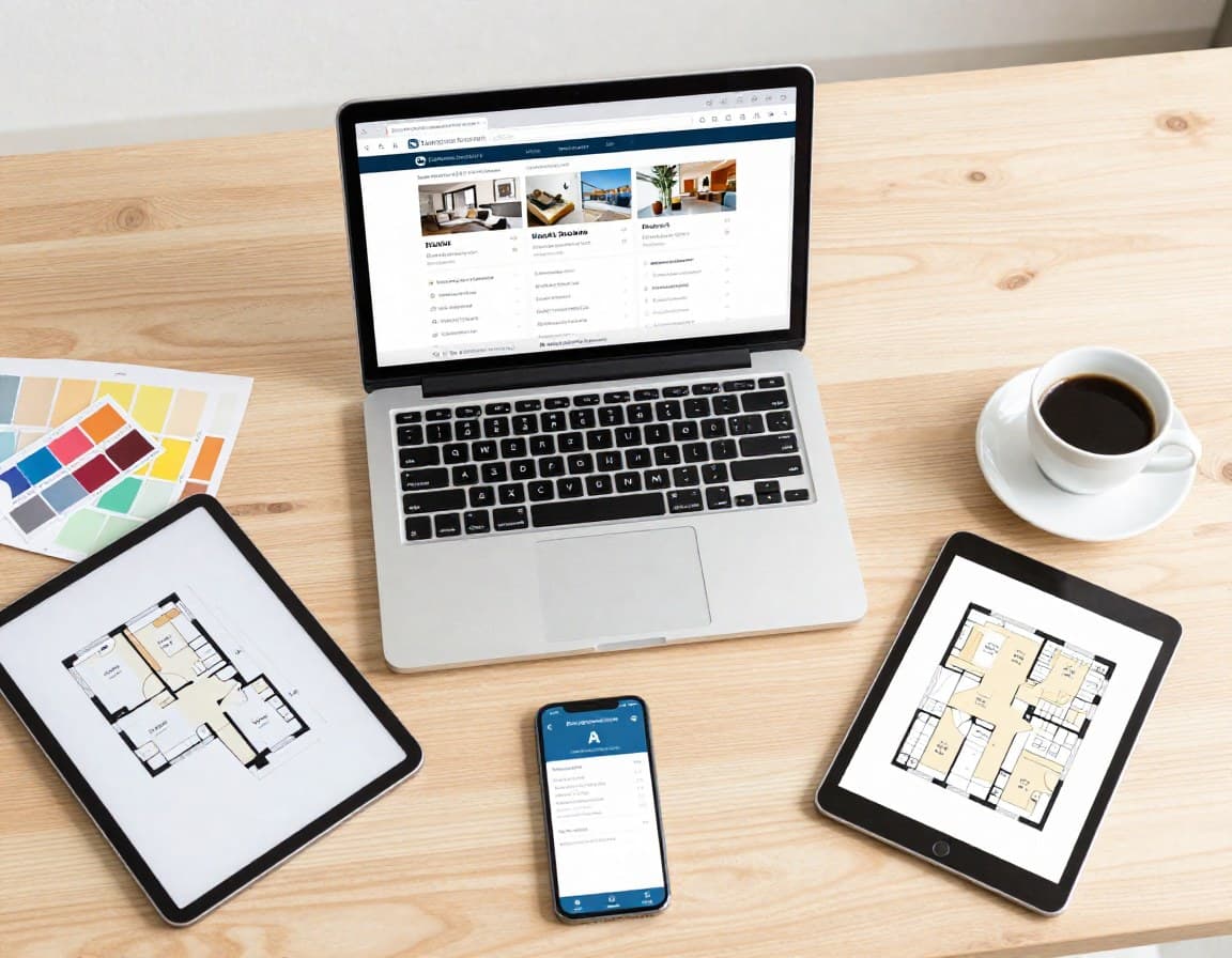 KI-Tools Bewertung für Immobilien: Makler-Arbeitsplatz mit Laptop, Tablet und Smartphone für die Evaluierung von Immobilien-Software