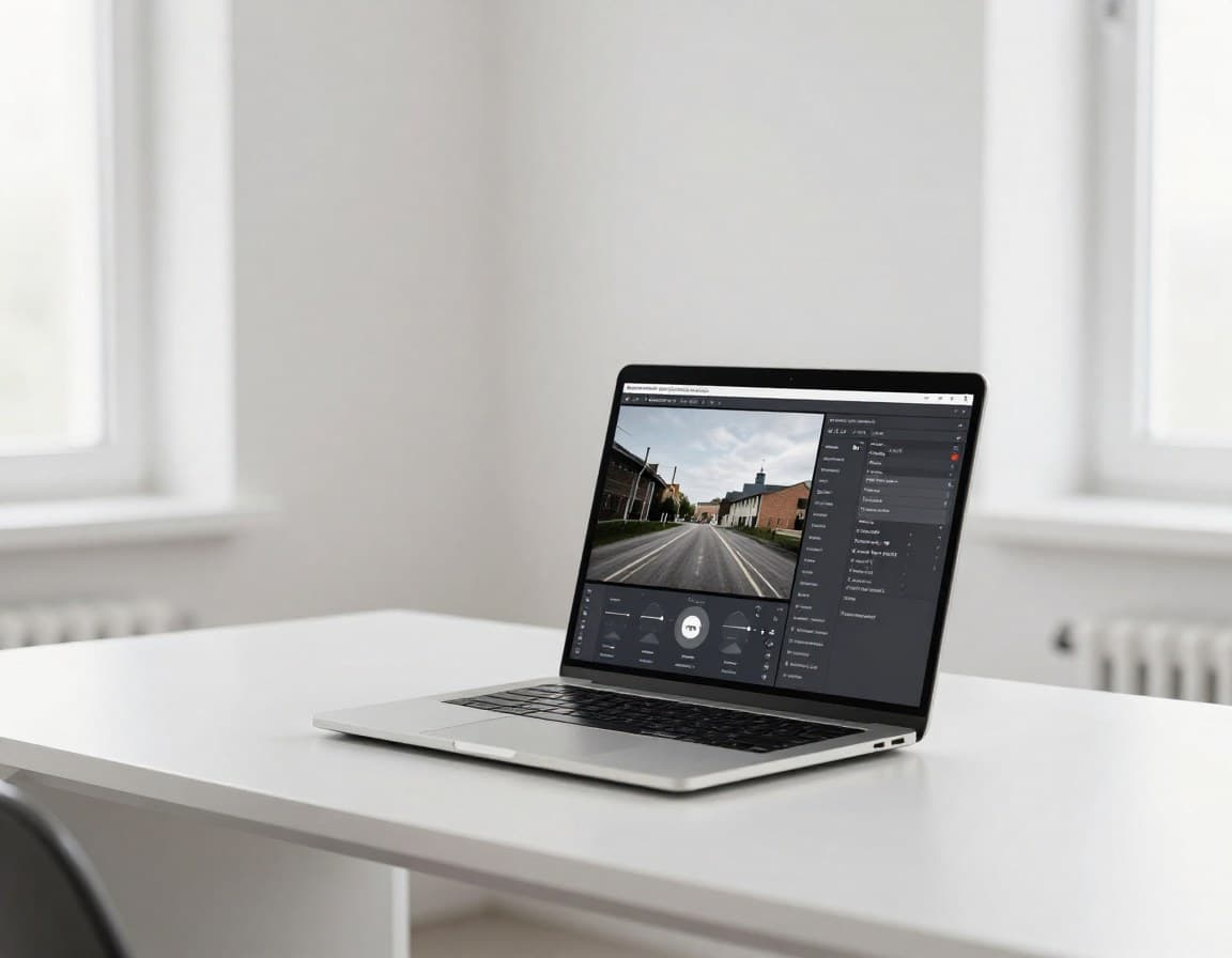 KI-Staging Blindtest Methodik — Arbeitsplatz mit Bildvergleich auf Laptop, ImmoStage Evaluierung 2026
