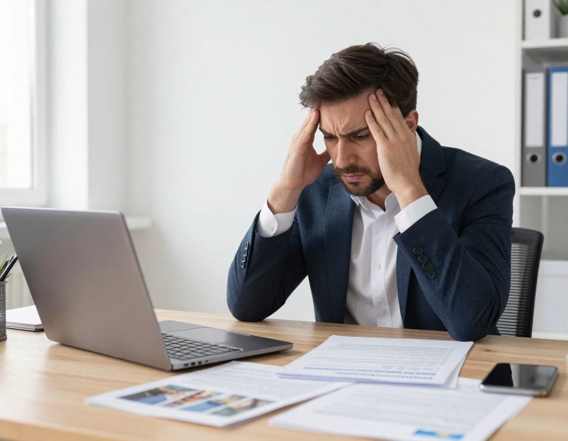 Immobilienmakler am Schreibtisch mit Word-Dokument und Formatierungsproblemen