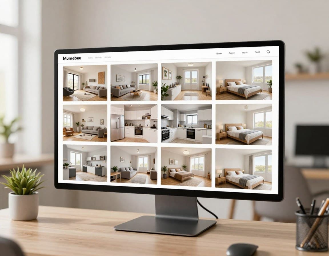 Immobilienfotos auf einem Monitor in einem Maklerbüro