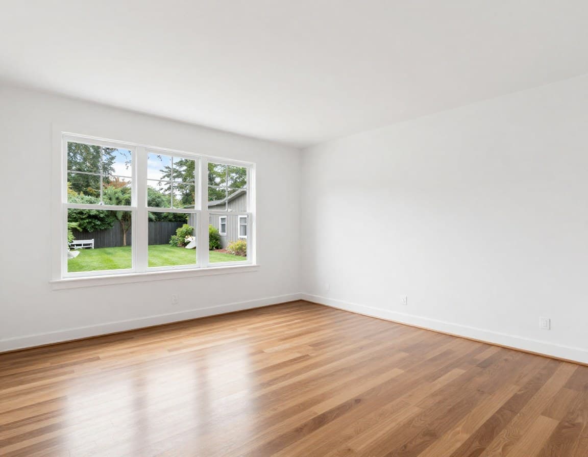Leeres Bungalow-Wohnzimmer vor virtuellem Staging — großes Fenster mit Gartenblick, leere helle Räume