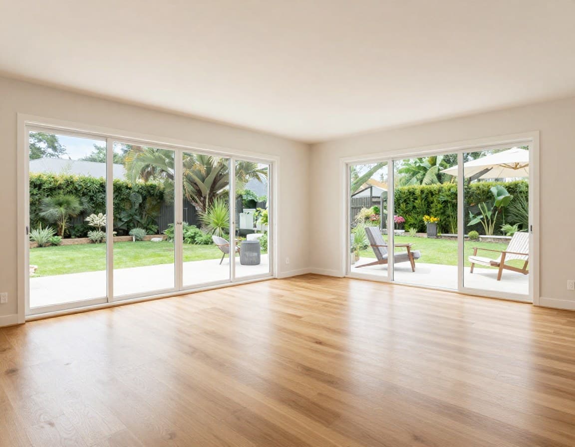 Bungalow-Wohnzimmer mit virtuellem Staging — helle Räume mit großen Fenstern und Gartenausblick, skandinavisch eingerichtet