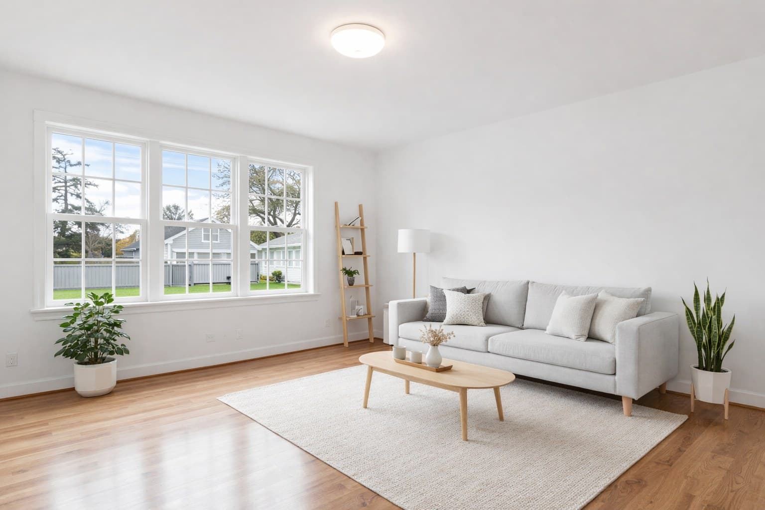 Wohnzimmer einer Doppelhaushälfte nach virtuellem Staging mit modernen Möbeln