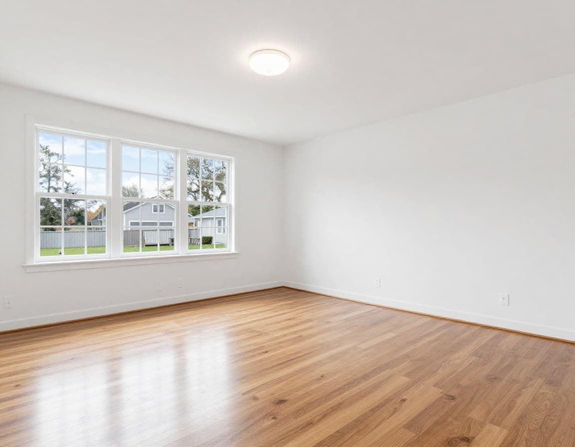 Leeres Wohnzimmer einer Doppelhaushälfte vor virtuellem Staging