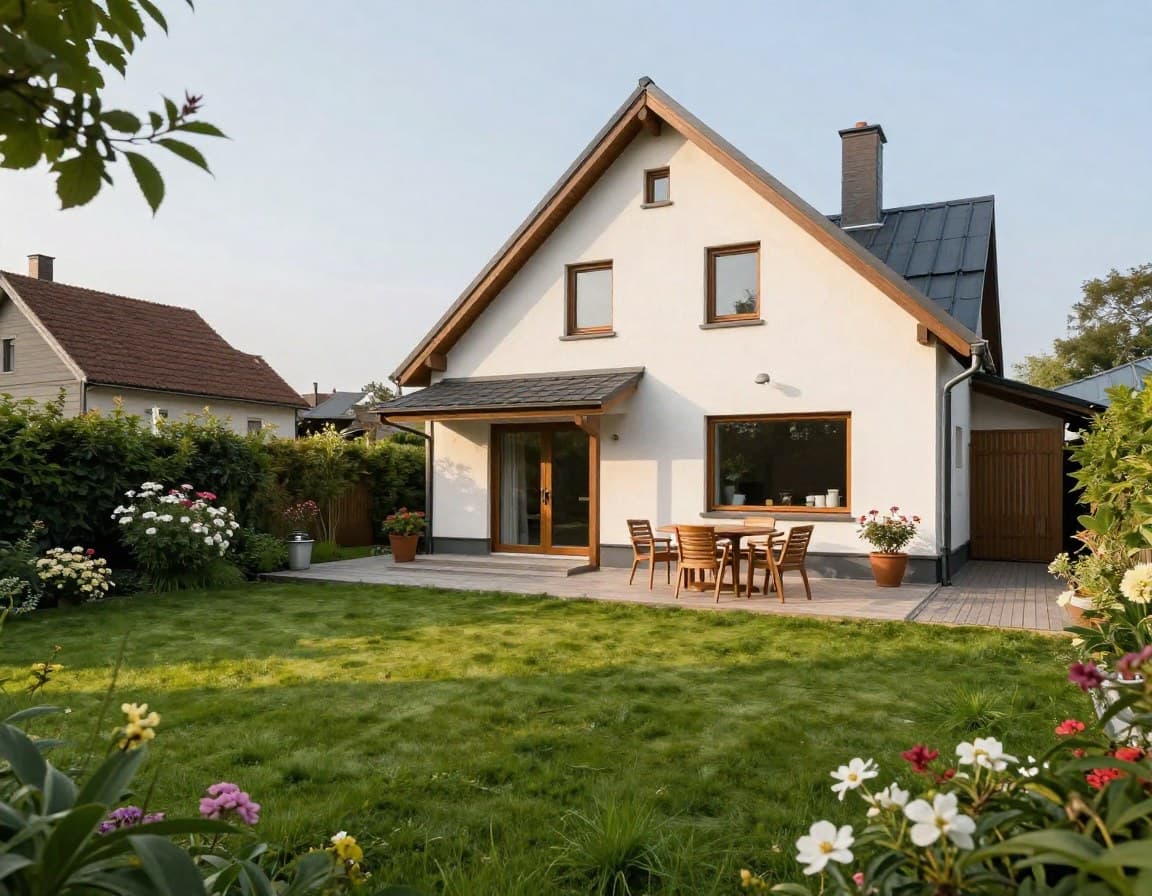 Professionelle Außenaufnahme eines Einfamilienhauses — gepflegter Garten mit Terrasse im Sommer