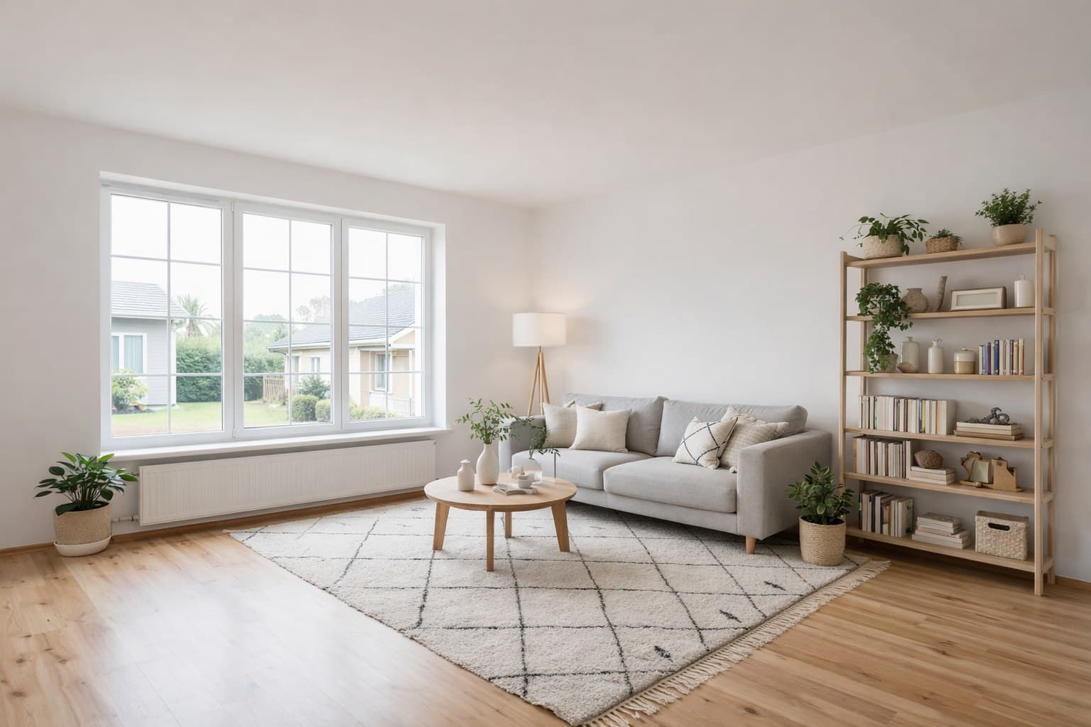 Wohnzimmer im Einfamilienhaus virtuell eingerichtet — skandinavischer Stil mit Sofa, Teppich und Pflanzen