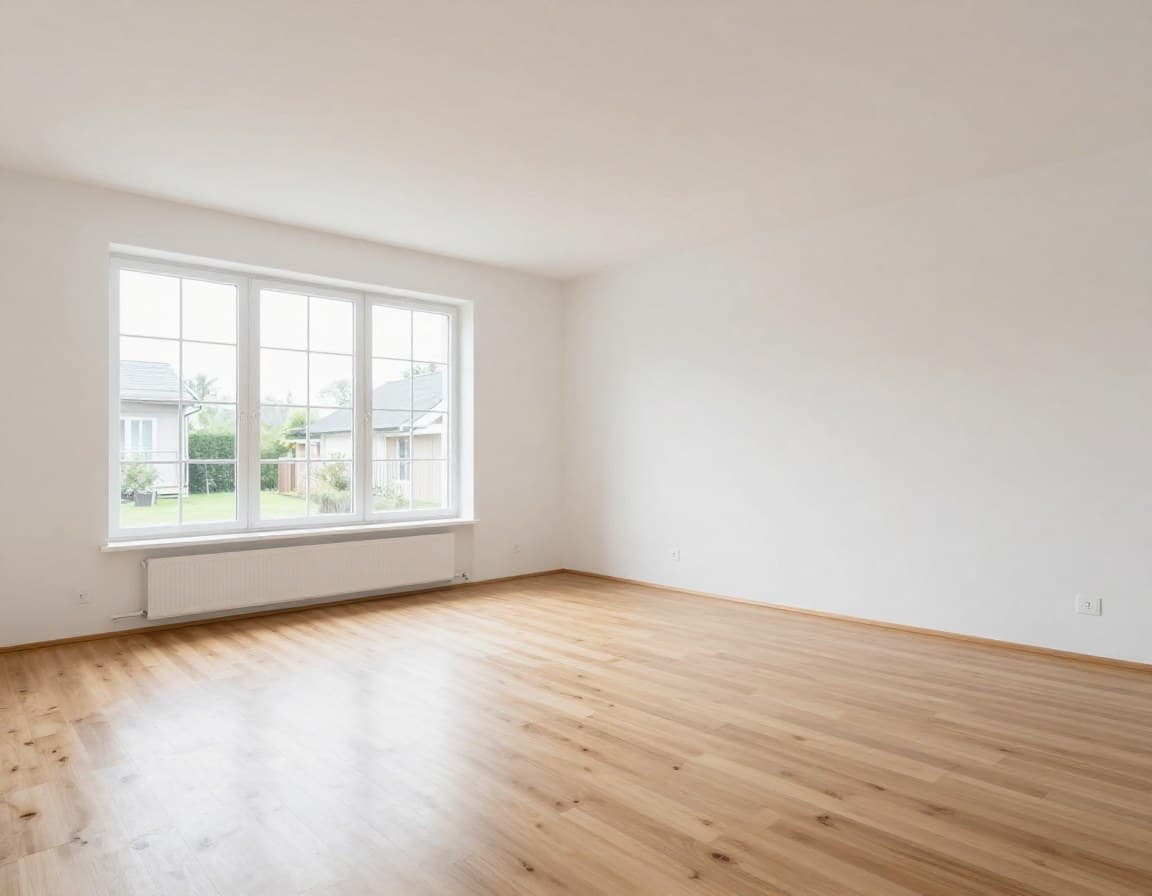 Leeres Wohnzimmer im Einfamilienhaus — kahle Wände, keine Möbel, schwer vorstellbar