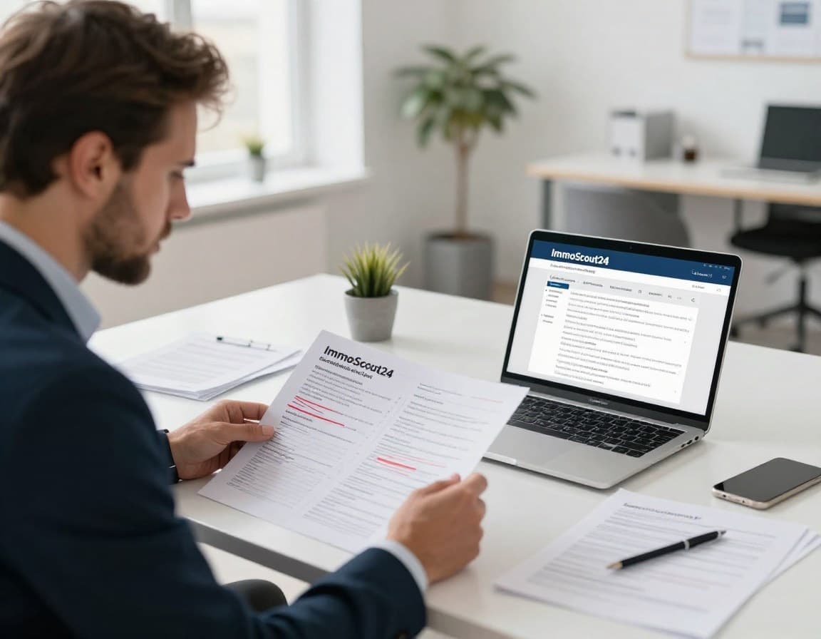 Immobilienmakler prüft Exposé-Unterlagen am Schreibtisch mit Korrekturmarkierungen