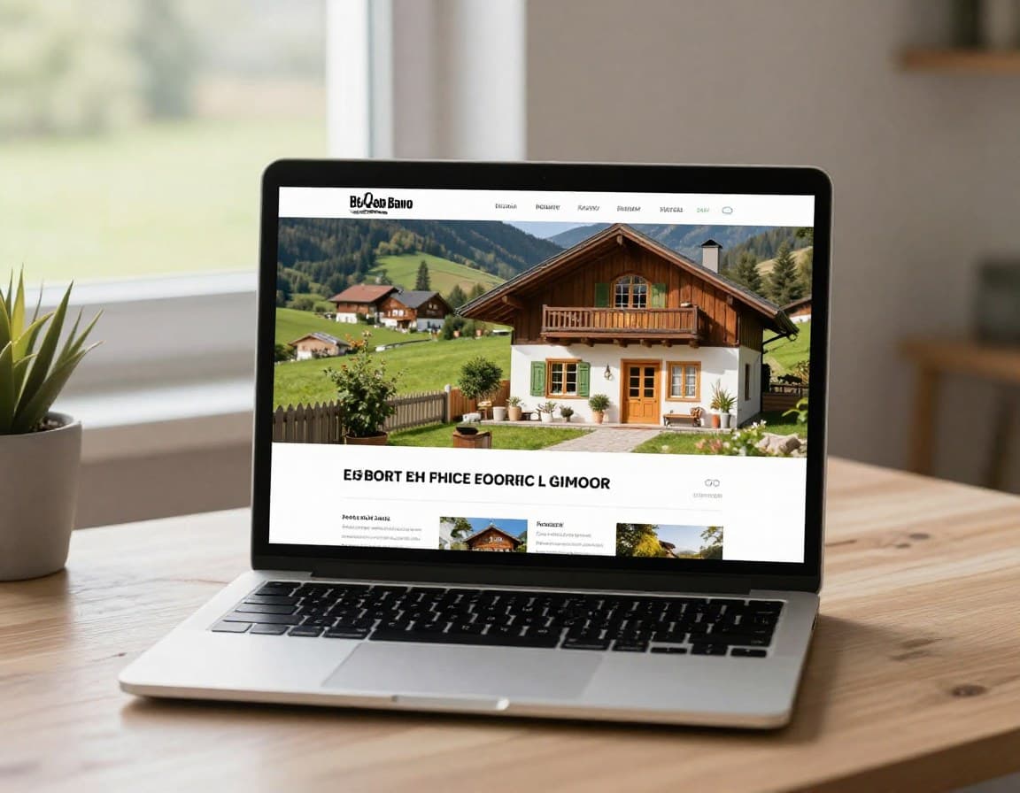 Laptop zeigt professionelles Ferienhaus-Exposé mit hochwertigen Innenfotos