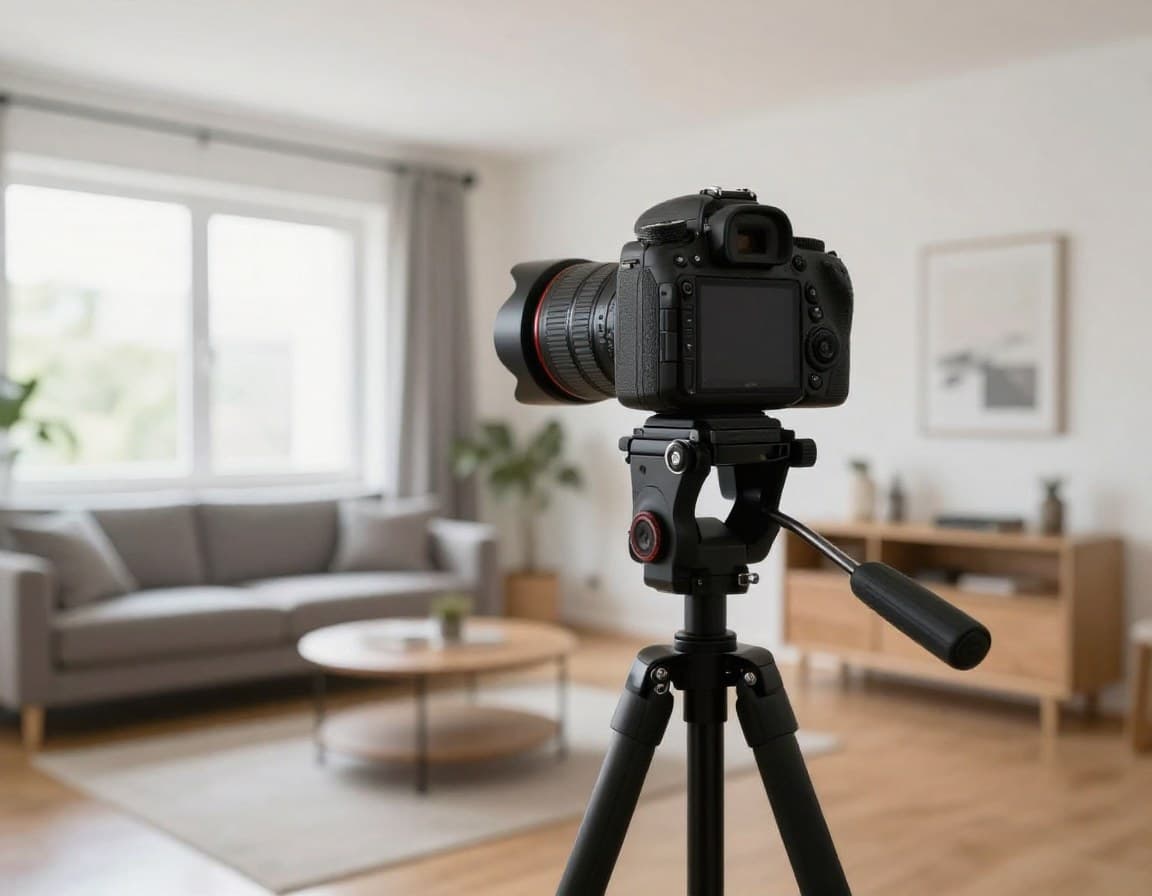 Professionelles Kamera-Setup mit Stativ in einer hellen deutschen Wohnung