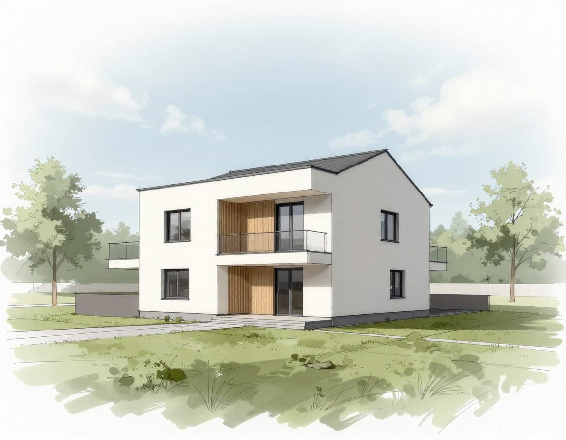 Bebauungsstudie für ein Baugrundstück — 3D-Visualisierung des möglichen Einfamilienhauses auf dem Grundstück