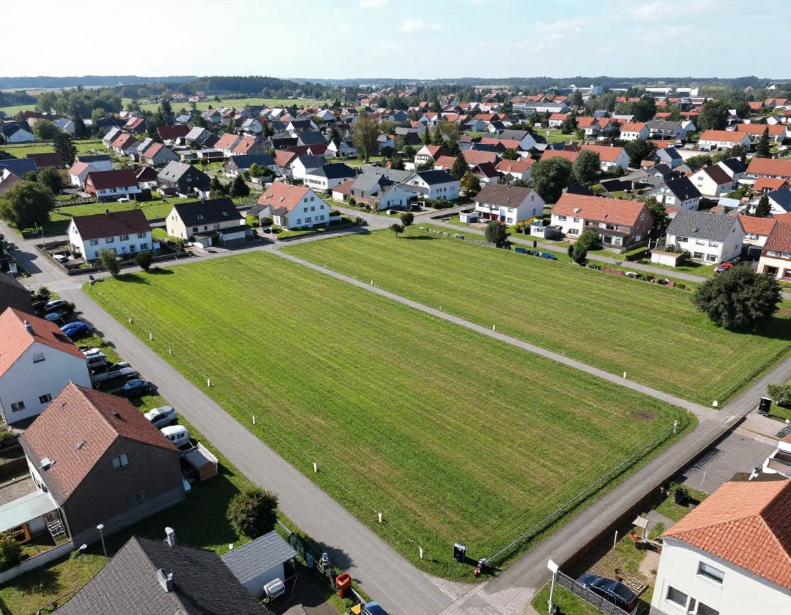 Drohnenfoto eines erschlossenen Baugrundstücks in einer deutschen Wohnsiedlung — professionelle Vogelperspektive für das Exposé