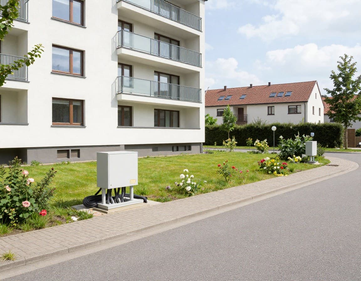 Voll erschlossenes Baugrundstück mit sichtbaren Versorgungsanschlüssen und gepflastertem Straßenzugang