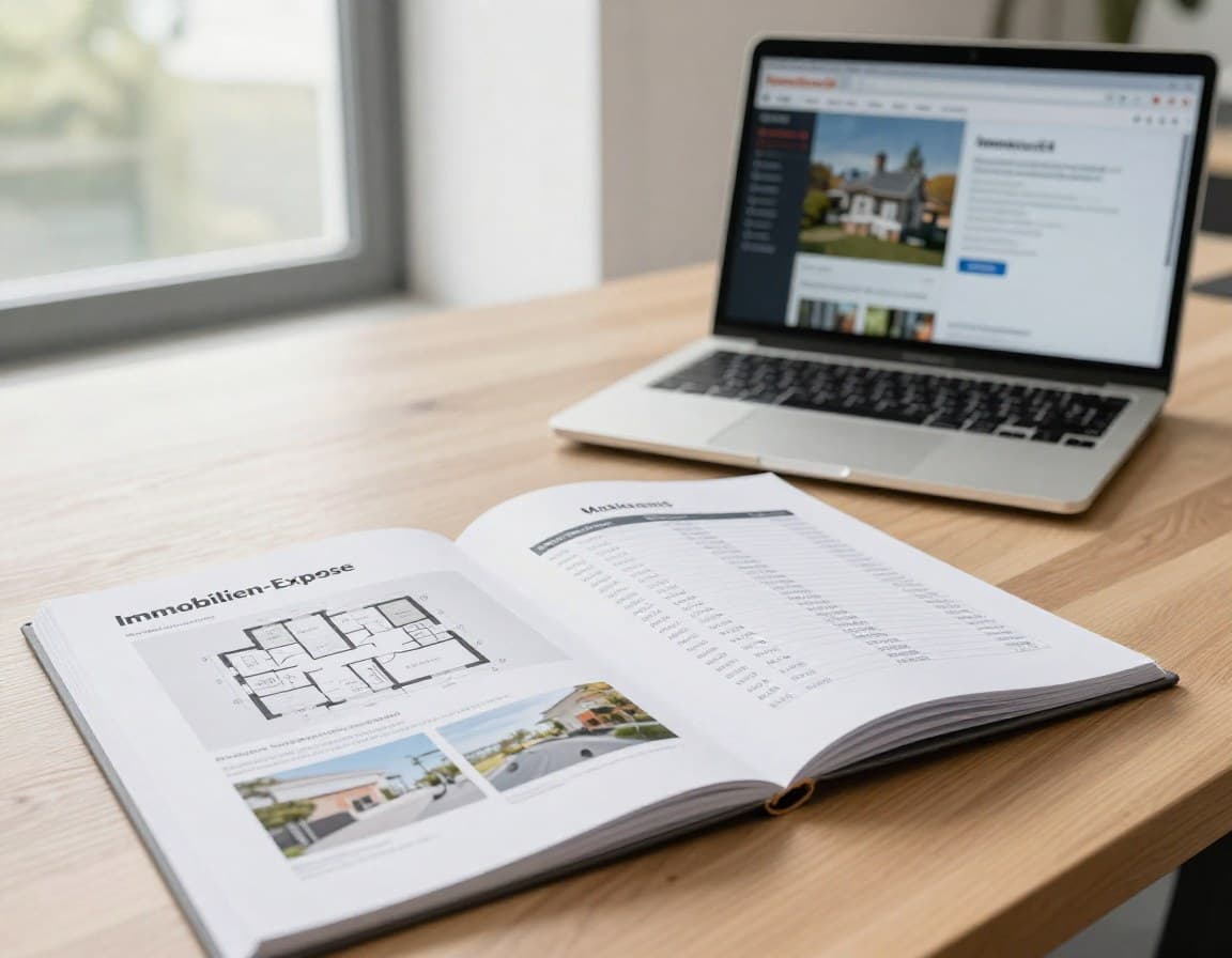 Immobilien-Exposé mit Grundriss und Objektdaten auf einem Schreibtisch