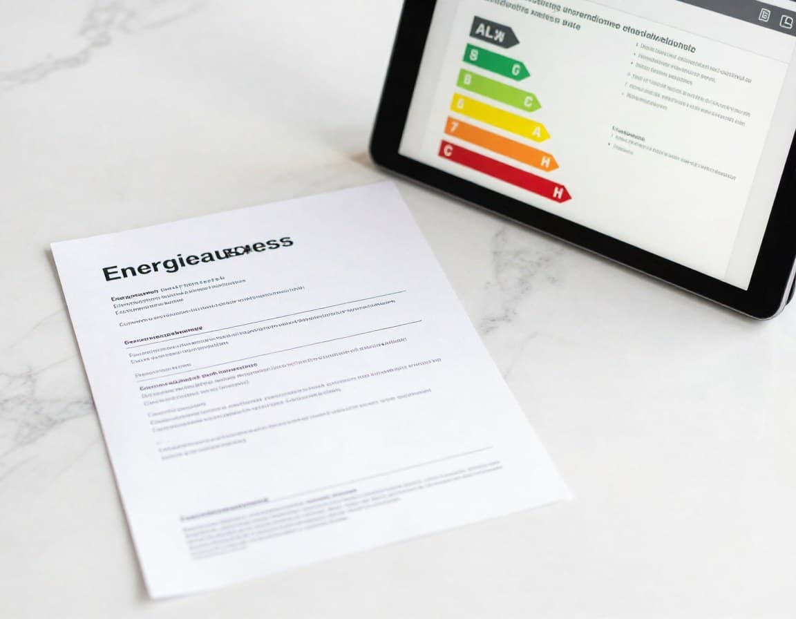 Energieausweis-Dokument neben einem Tablet mit Immobilieninserat