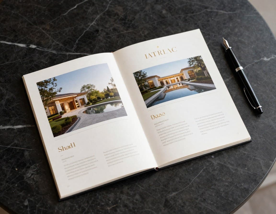 Premium-Immobilien-Exposé auf hochwertigem Papier mit Goldfolienprägung