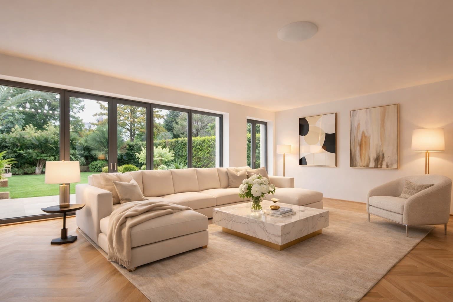 Wohnraum einer Luxusvilla nach Virtual Staging mit Designer-Möbeln