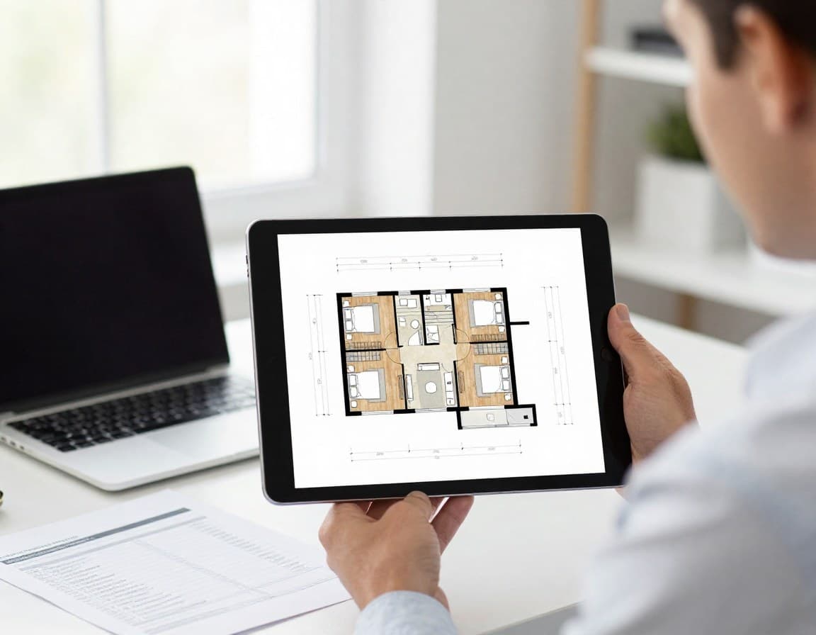 Immobilienmakler zeigt einen digitalen Grundriss auf dem Tablet