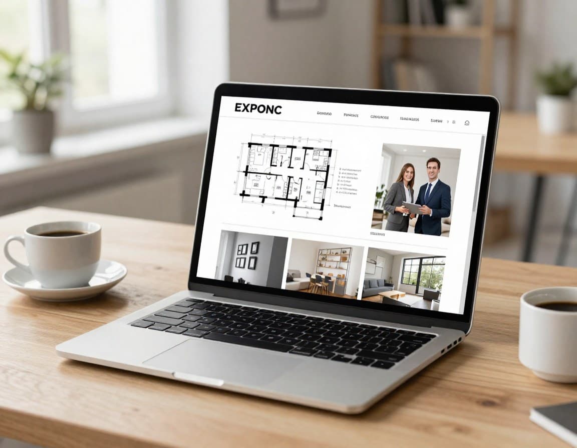 Laptop zeigt professionelles Immobilien-Exposé mit Grundriss und Fotos einer deutschen Wohnung