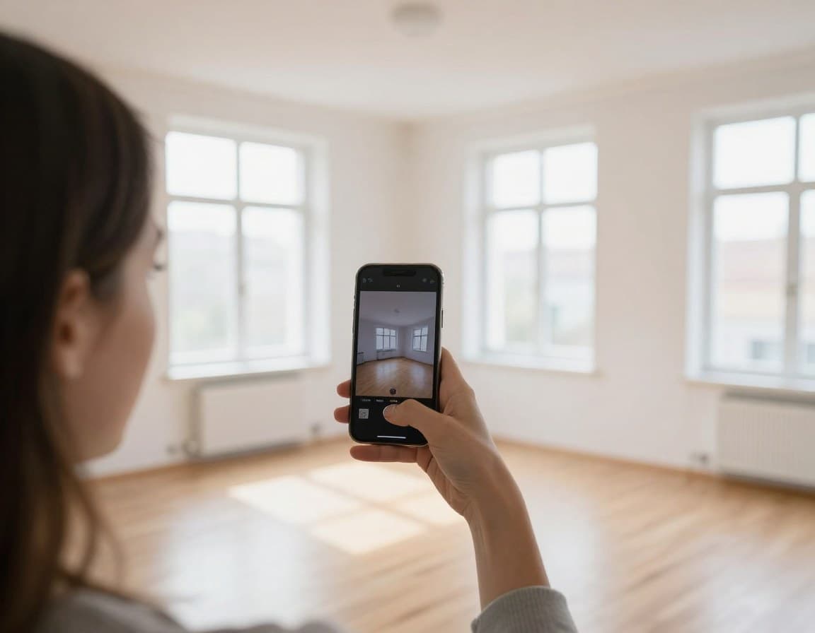 Person fotografiert leeres Wohnzimmer einer deutschen Wohnung mit dem Smartphone bei Tageslicht