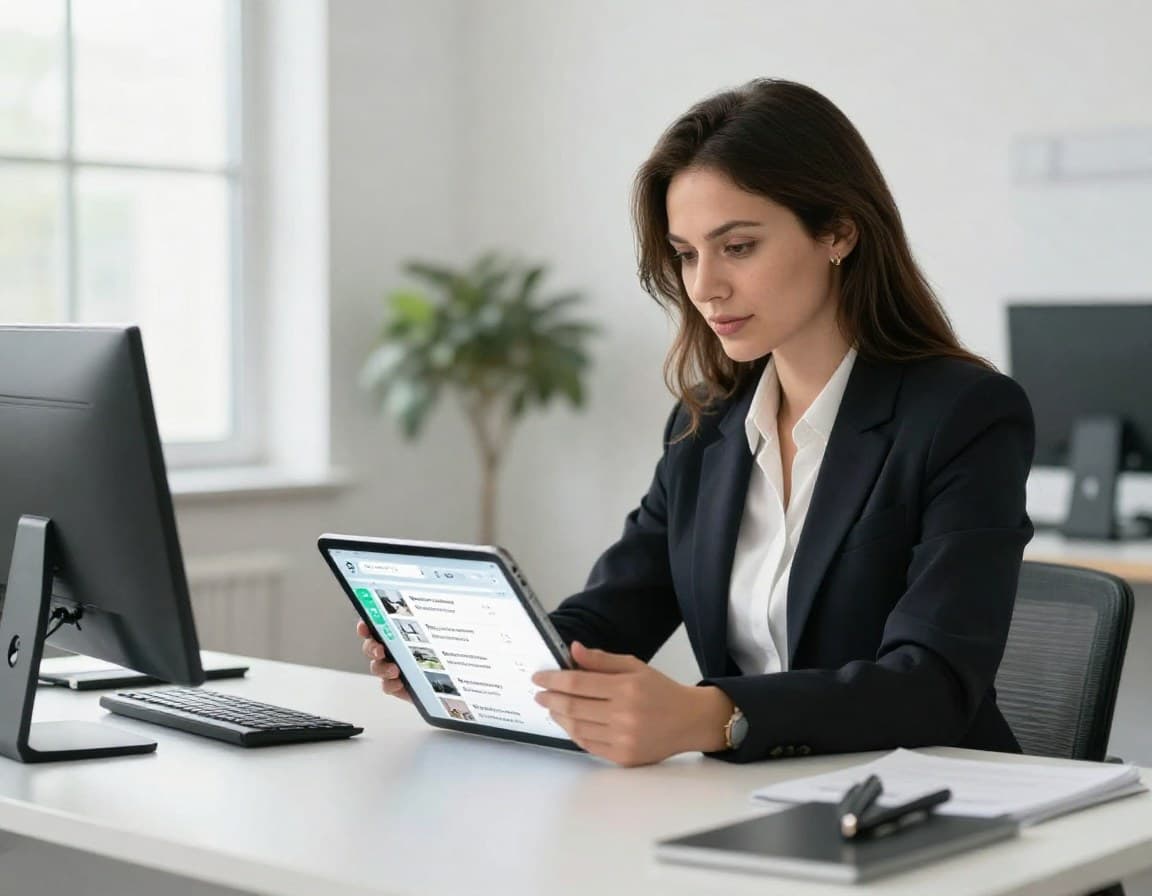 KI Immobilien Fragen — Immobilienmakler nutzt KI-Software auf Tablet in modernem Büro