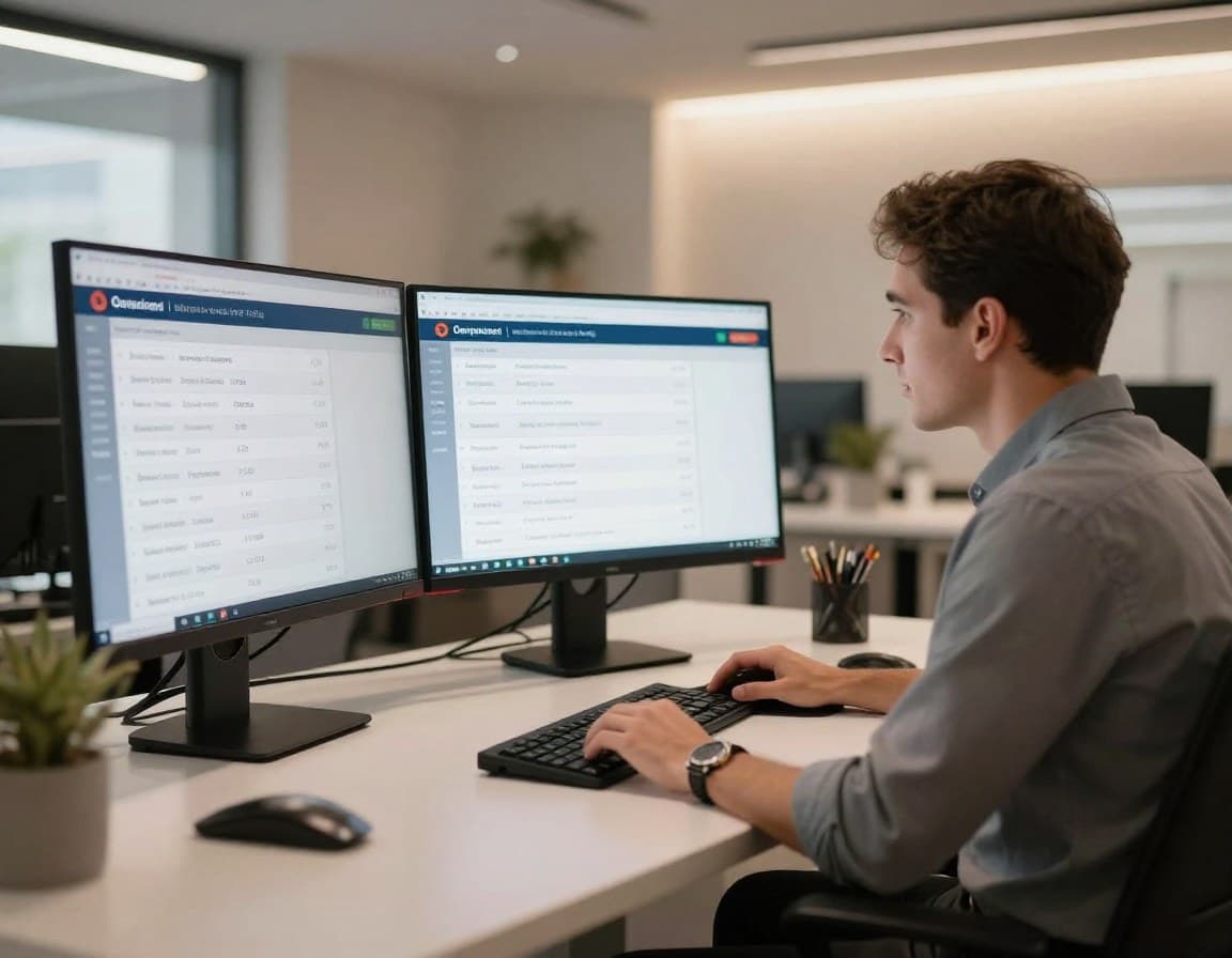 Immobilienmakler nutzt KI-Automatisierung am modernen Arbeitsplatz mit mehreren Bildschirmen