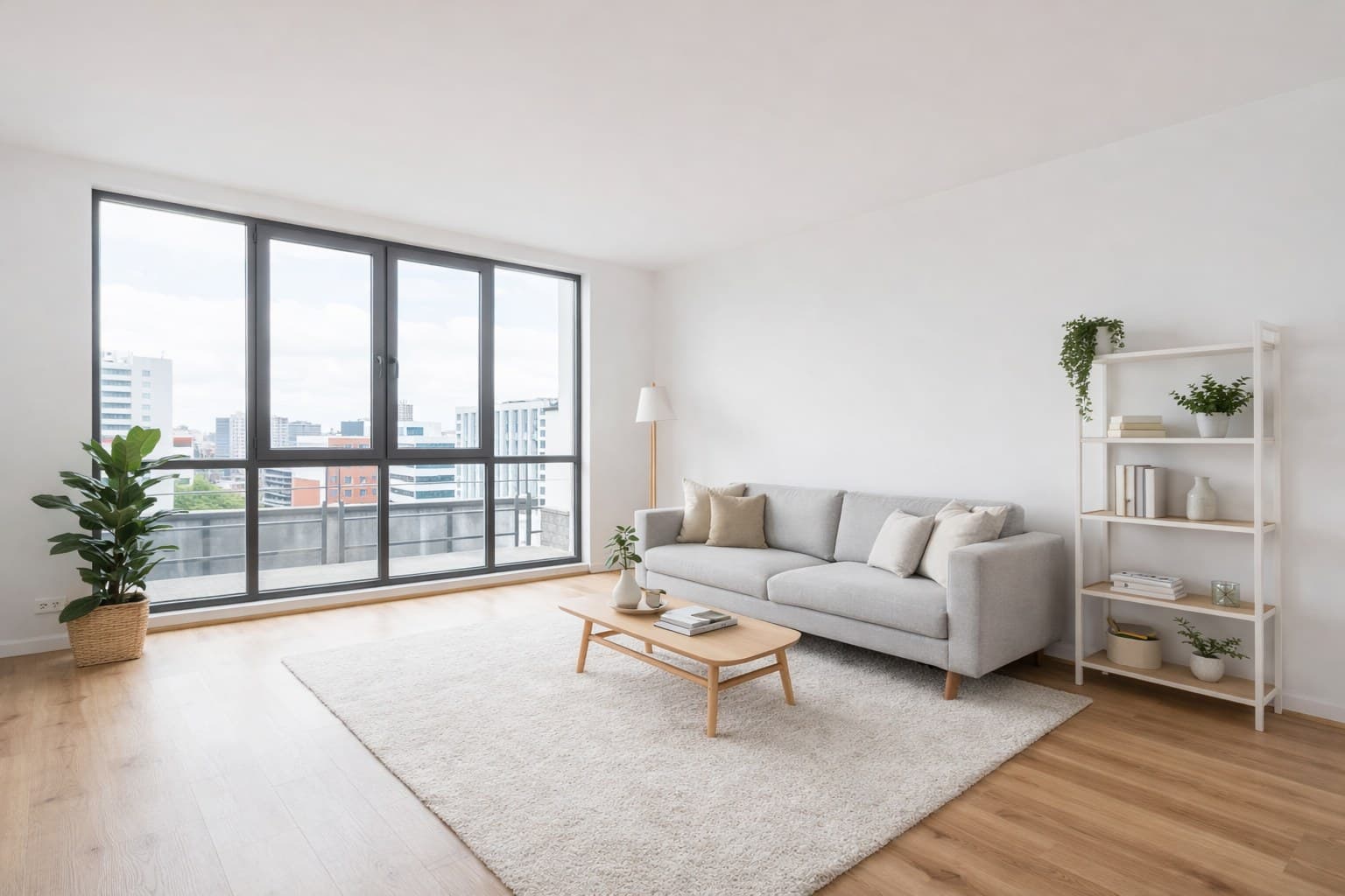 Dasselbe Wohnzimmer nach KI-Virtual-Staging mit ImmoStage — modern eingerichtet