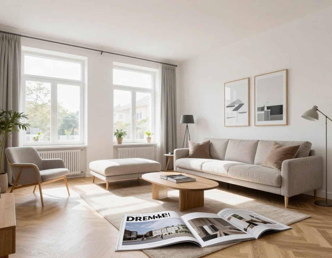 Modern eingerichtetes Wohnzimmer nach KI-Virtual-Staging — Ergebnis für Propstack-Inserat