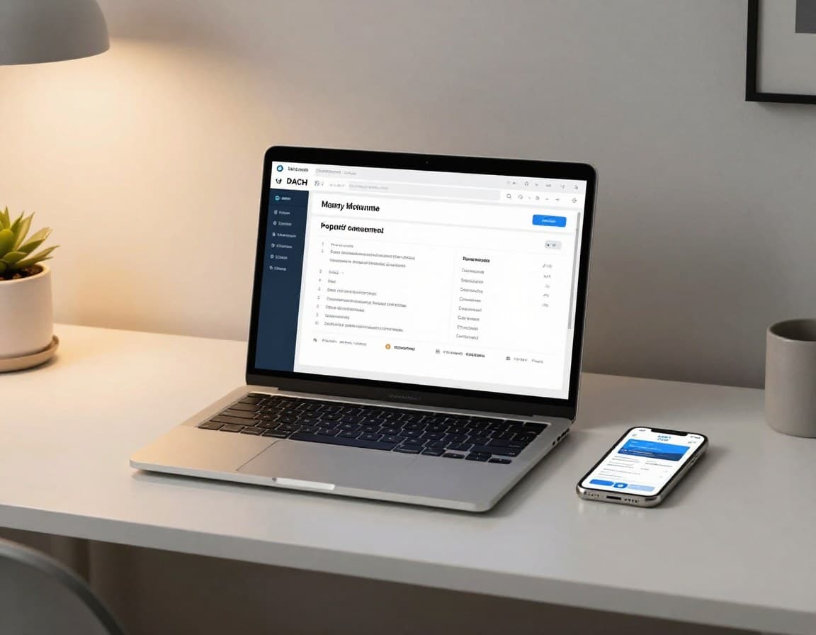 Moderner Makler-Arbeitsplatz mit KI-gestütztem Workflow — übersichtliches Dashboard, weniger manuelle Arbeit