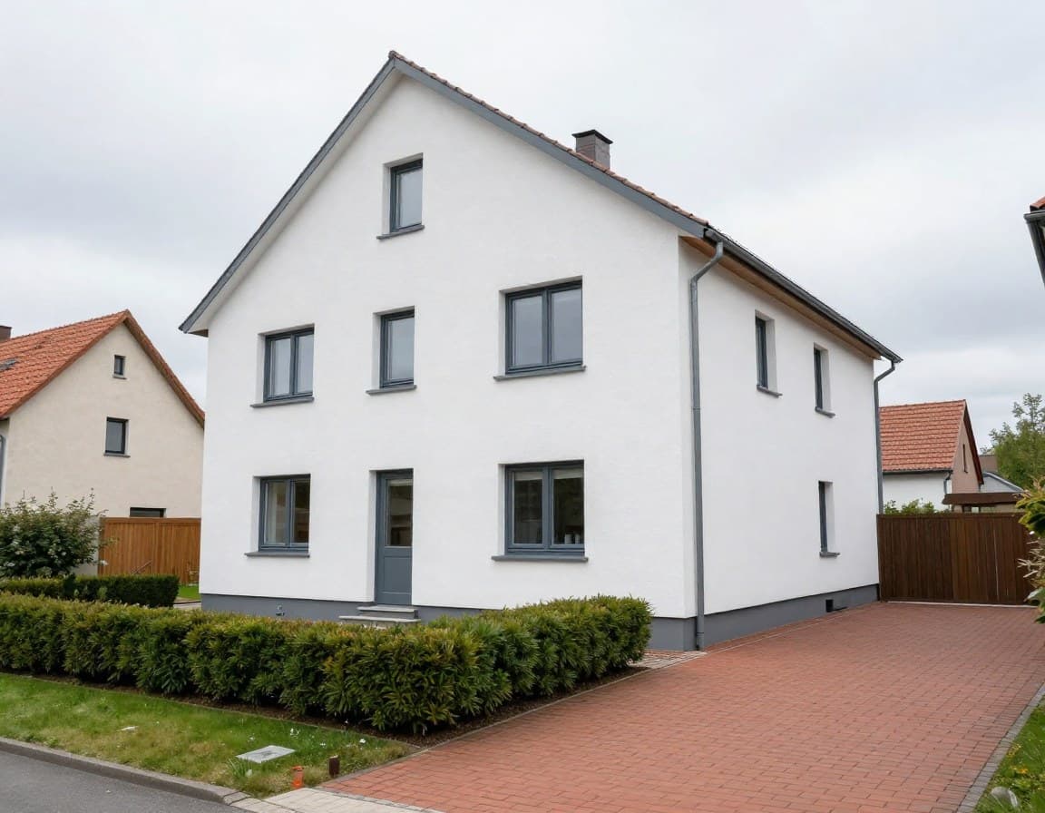 Modernes deutsches Einfamilienhaus mit 140 Quadratmeter Wohnfläche und gepflegtem Vorgarten