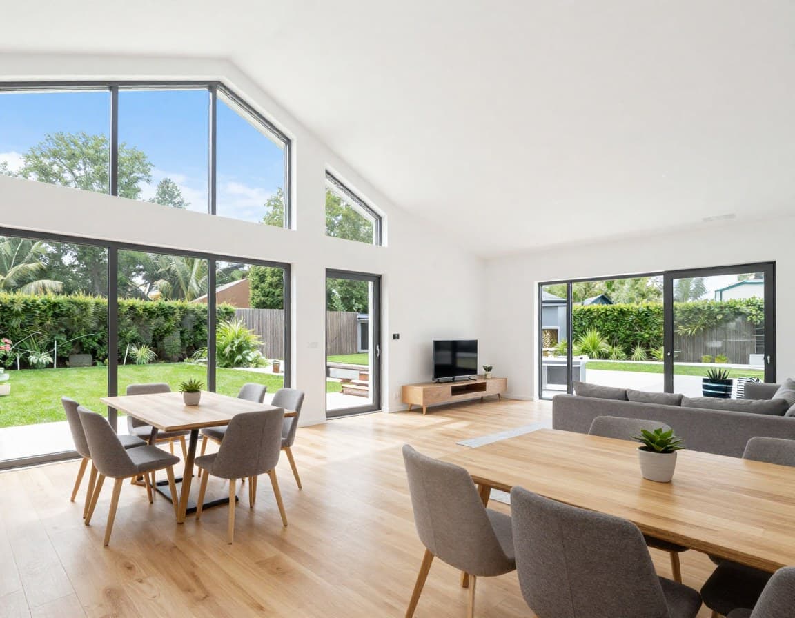 Offener Wohn-Essbereich in einem 150 qm Einfamilienhaus mit Blick zum Garten