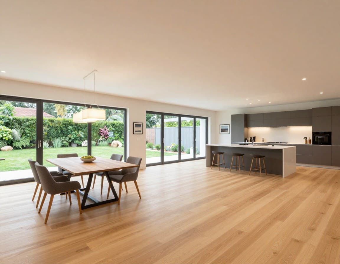 Offener Wohn-Ess-Kochbereich im 180 qm Grundriss — 60 m² Herzstück des Hauses