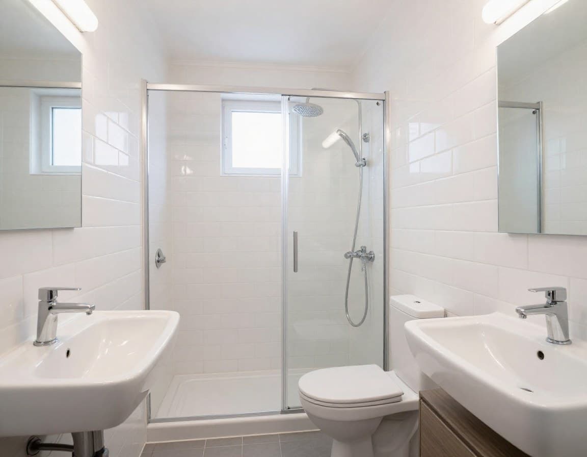 Schmales Schlauchbad mit optimierter Raumaufteilung, Dusche am Kopfende