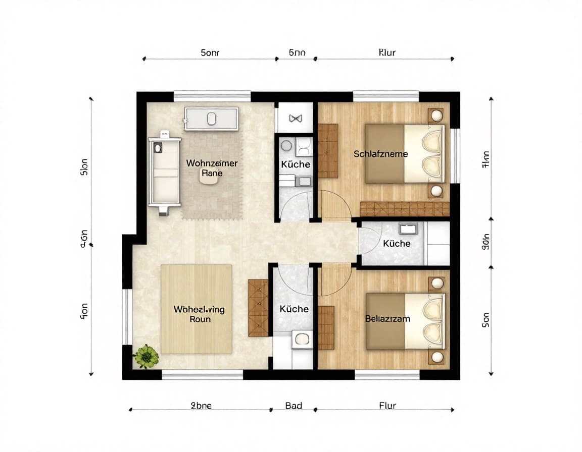 Grundriss Beispiel einer 2-Zimmer-Wohnung mit 55 Quadratmetern