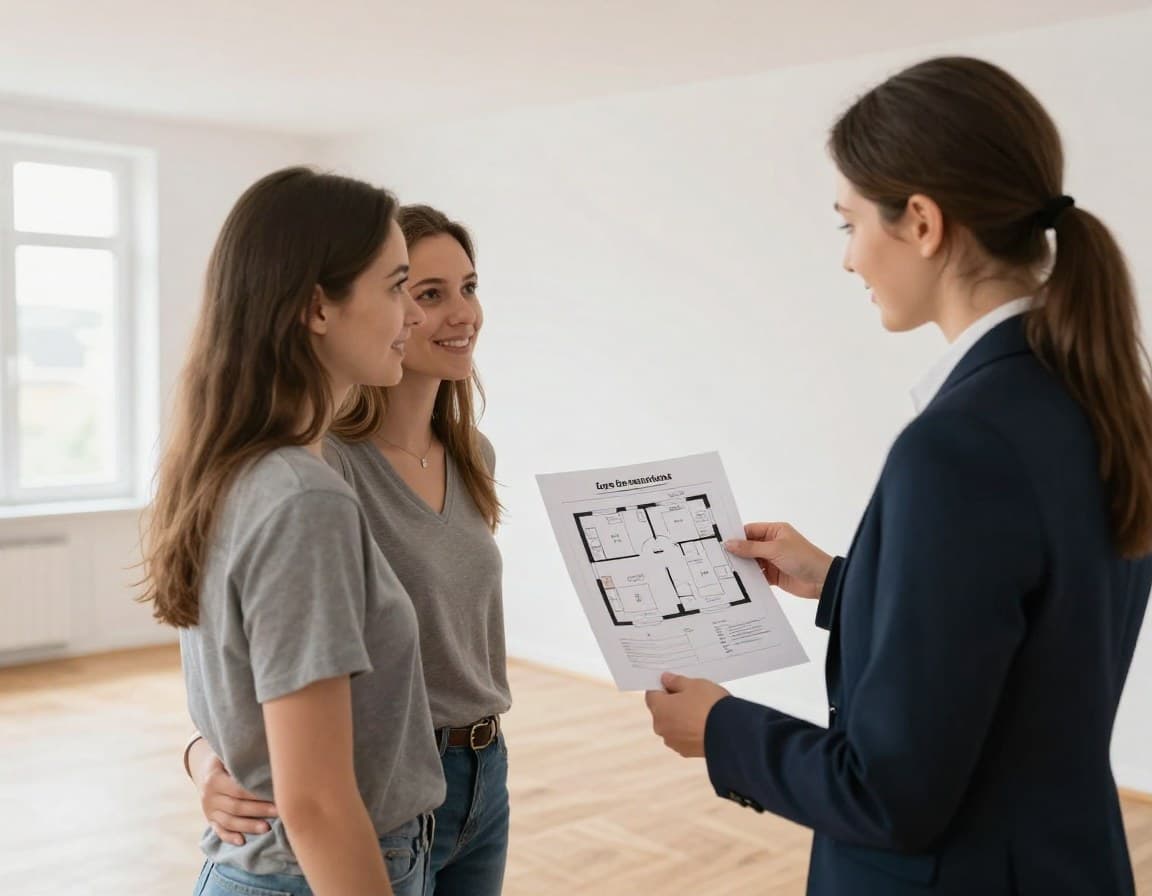 Immobilienmakler zeigt Käufern einen professionellen Grundriss bei einer Besichtigung