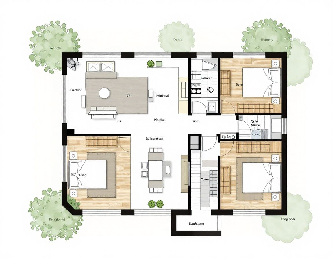 Doppelhaus Grundriss Beispiel – typische Aufteilung 150 qm mit offener Wohnküche, 3 Schlafzimmern