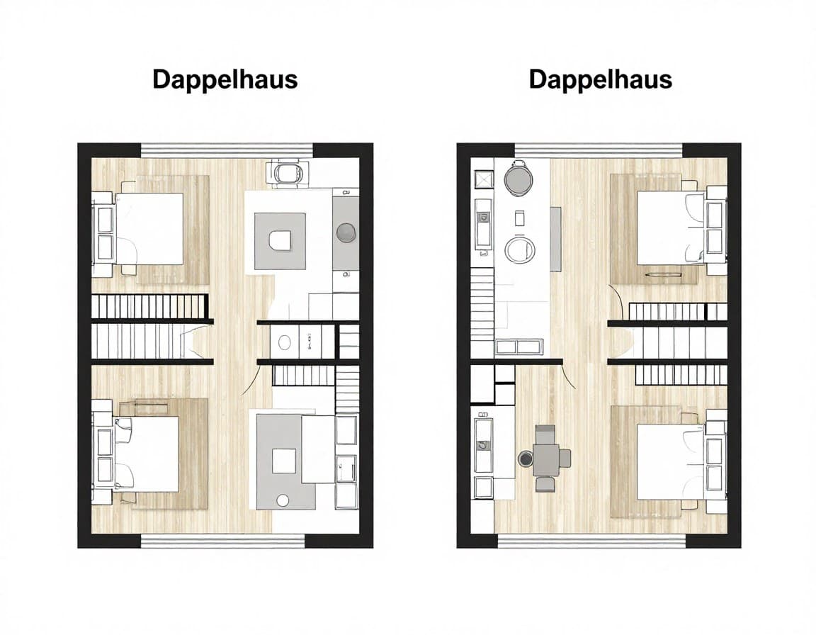 Spiegelung Doppelhaus Grundrisse – symmetrische Anordnung Küchen und Bäder für optimale Kosteneffizienz