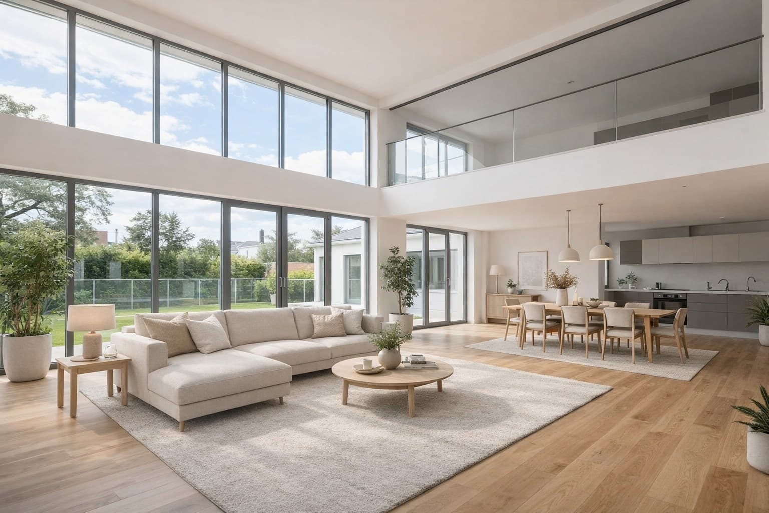 Fertighaus Grundriss — Wohnraum nach KI-basiertem Virtual Staging mit Möblierung