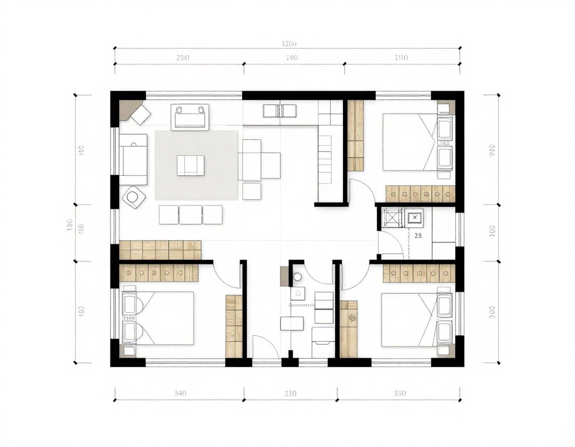 Fertighaus Grundriss mit Rastermaß-Planungsgitter — 12,5 cm Baurichtmaß für Wandpositionierung