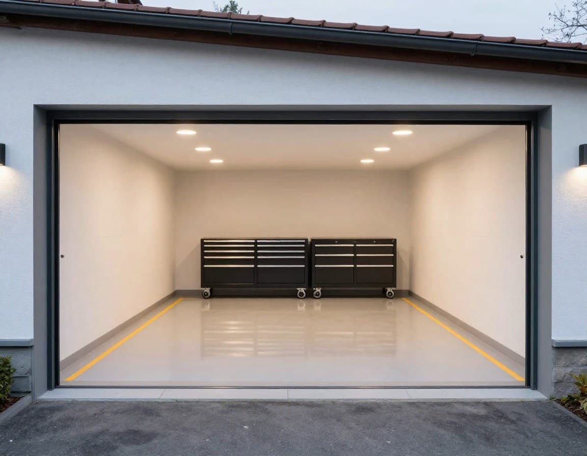 Garage Grundriss Doppelgarage — Innenansicht einer europäischen Doppelgarage mit LED-Beleuchtung und Werkzeugschrank