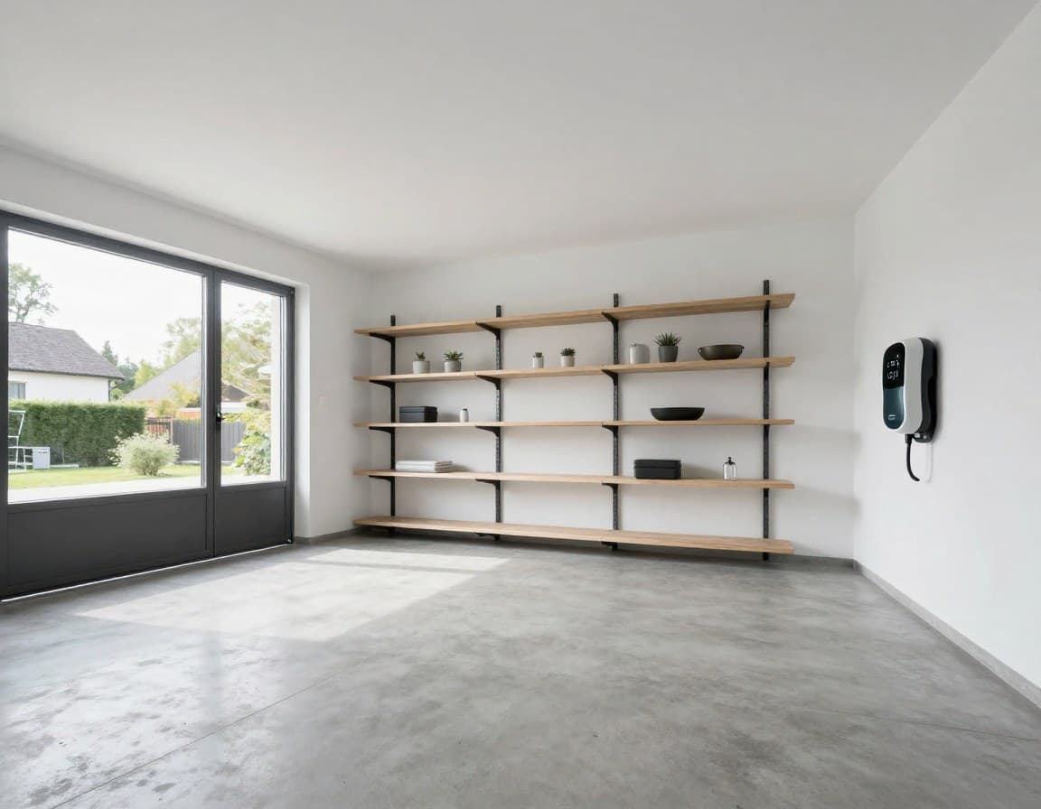 Garage Grundriss — moderne Einzelgarage mit Wallbox und organisiertem Stauraum, europäischer Baustil